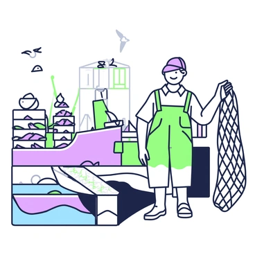 A fisherman is standing at the edge of the docks, carrying a net draped over his right shoulder. He has a weathered face that shows signs of experience, with a fishing cap resting on his head. He is wearing a light-colored shirt and sturdy trousers suitable for work by the water. The docks are wooden and aged, with several boats tied up nearby, bobbing gently in the water. In the background, there are crates stacked high, some open with fish visible inside. Seagulls can be seen flying above and a few perched on the edge of the docks.