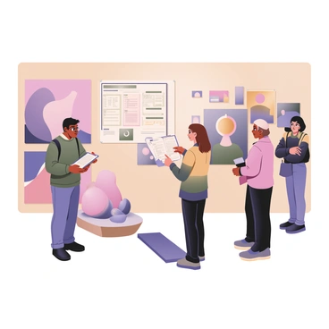 A digital flat illustration depicting a scene inside an art gallery where curators and artists are gathered to analyze visitor feedback. On the left, a curator with medium skin, short black hair, and glasses is holding a clipboard filled with notes while looking thoughtfully at a large chart on the wall displaying feedback statistics. Next to the curator, an artist with light skin and long brown hair, wearing a colorful sweater, is pointing at a feedback form with a pencil, engaging in conversation. In the background, several art pieces hang on the walls, including a large abstract painting and a sculpture. There are visitors in the foreground, observing an installation and discussing their thoughts with one another. The atmosphere conveys a sense of collaboration and reflection.