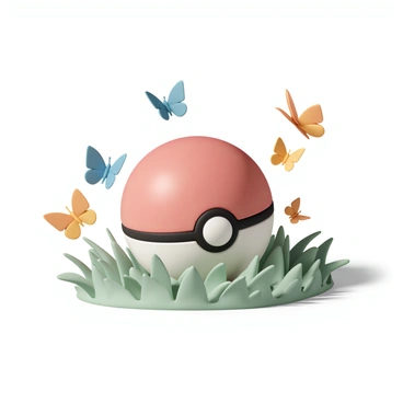 A red and white Poké Ball resting on the soft green grass of a sunny meadow. Surrounding the Poké Ball are delicate butterflies with vibrant wings, fluttering gracefully in the warm breeze. The butterflies display a variety of colors, including blue, yellow, and orange, as they dance and hover around the Poké Ball, creating a lively and enchanting atmosphere. The sunlight casts gentle shadows on the grass, enhancing the vivid colors of the scene.