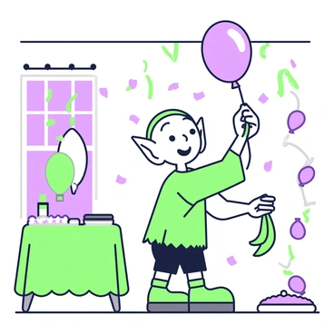 Dobby is standing in a brightly lit room, happily hanging colorful streamers from the ceiling. He is a house-elf with large ears and big eyes, wearing a simple cloth. In one hand, he holds a roll of green streamers, while the other hand stretches out to place a purple balloon against the wall. The room features a mix of decorations, including several other balloons in various shapes, and a small table adorned with a green tablecloth and purple confetti scattered on top. A cheerful atmosphere surrounds Dobby as he smiles, enjoying the decorating process.