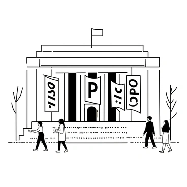 An iconic stock exchange building with a grand facade and towering columns is depicted. Large banners reading "IPO" are prominently displayed outside, fluttering in the wind. People are walking by, some glancing up at the building while others are engaged in conversation. A few trees are positioned near the entrance, and the ground is decorated with a patterned walkway leading up to the front doors.