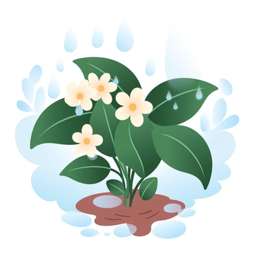 Raindrops are falling onto the leaves of a gardenia plant, creating circular ripples on the surface of small puddles formed in the soil. The gardenia plant has lush, dark green leaves and several creamy white flowers blooming amidst the foliage. The background features blurred hints of other plants, contributing to the overall greenery. The atmosphere is filled with a sense of freshness, emphasized by the shimmering droplets on the leaves and petals.