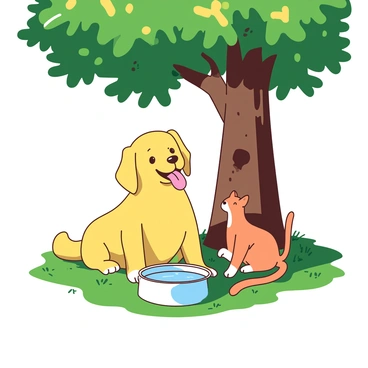 A yellow dog with floppy ears and a small orange cat with white paws are sitting side by side on a patch of green grass underneath a large shady tree. The dog has its tongue out, looking happily at the cat. Between them, there is a round, clear bowl filled with water. Sunlight filters through the leaves of the tree, creating dappled patterns on the grass. Both animals appear content and relaxed in each other's company.