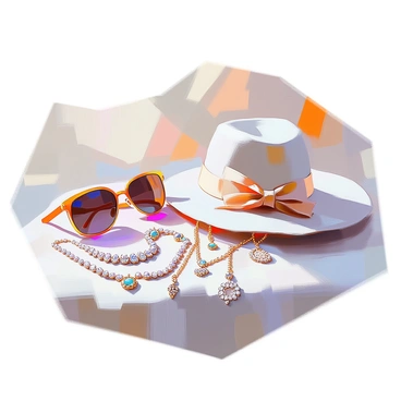A collection of fashion accessories displayed elegantly on a soft fabric surface. The arrangement includes a stylish pair of oversized sunglasses with dark lenses, a chic wide-brimmed hat adorned with a delicate ribbon, and several elegant necklaces featuring intricate designs and sparkling gemstones. Each accessory is positioned to showcase its unique details, creating an appealing visual harmony.