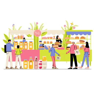 A bustling farmers market scene filled with various stalls. One stall features jars of golden honey with labels. Another stall displays colorful jars of jam in shades of red and purple. A third stall showcases an array of baked goods, including loaves of bread, muffins, and pastries, all attractively arranged. People of different ages browse the stalls, some carrying eco-friendly tote bags. Greenery and colorful flower arrangements decorate the market, adding vibrancy to the atmosphere.