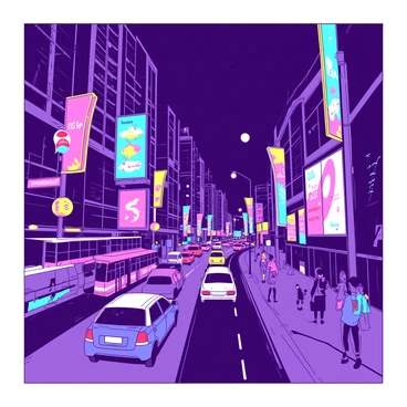 A duotone illustration shows a bustling city street at night, illuminated by vibrant "neon signs" in various shapes and colors. The street is filled with busy "traffic," with multiple cars and buses moving along the road. Pedestrians can be seen walking along the sidewalks, with some stopping to admire the glowing "signs." The buildings on either side of the street rise tall into the night sky, reflecting the colorful lights from the signs below. Bright "billboards" display advertisements, adding to the lively atmosphere of the scene.