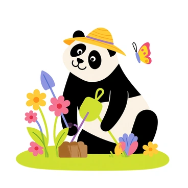 A cartoon panda with black and white fur wearing a colorful straw hat is kneeling on a patch of vibrant green grass. The panda is holding a small spade in one paw and a watering can in the other. Surrounding the panda are various blooming flowers in shades of pink, yellow, and purple. There is a small patch of freshly dug soil where the panda is planting a flower. A colorful butterfly is fluttering nearby, adding to the lively atmosphere.