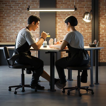 A tattoo artist sketching a hand bone illustration on a client's arm.