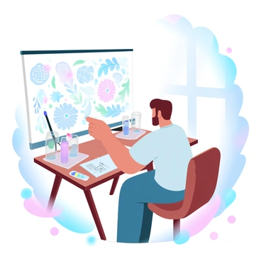 An illustration expert is focused on designing intricate wall art patterns on a large canvas. The expert is seated at a wooden table surrounded by various art supplies, such as brushes, paint tubes, and sketchbooks. The canvas displays a vibrant array of geometric and floral patterns in gradient pastel colors, showcasing the expert's detailed work. Soft light streams in from a nearby window, illuminating the patterns and creating a warm atmosphere in the room. Colorful paint splatters adorn the floor, adding to the creative environment.
