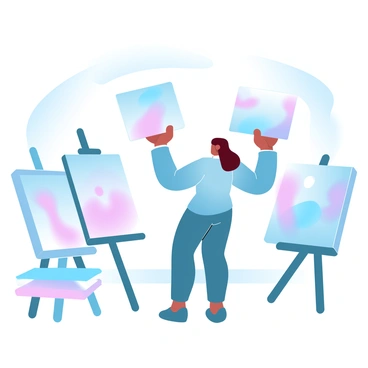 An art curator is standing in a bright gallery space, surrounded by empty walls ready to be adorned with new artwork. The curator is organizing vibrant paintings, holding one in each hand, while a large stack of old paintings leans against a wall, waiting to be removed. Colorful abstract pieces are propped up on easels, showcasing their lively hues. The curator is dressed in a smart outfit, conveying professionalism and enthusiasm. Soft beams of light illuminate the space, enhancing the colors of the new paintings and creating a dynamic atmosphere of anticipation.