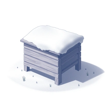 A small manger placed in an open snowy field. The manger is crafted from wooden planks, with visible grain and texture. It is partially covered with soft, fluffy snowflakes that blanket its surface, creating a delicate layer. Surrounding the manger, the field is filled with untouched, powdery snow, reflecting a serene atmosphere. Small tufts of grass peek out from beneath the snow in a few areas, adding subtle texture to the landscape. The sky above is overcast, suggesting a peaceful, wintry day.