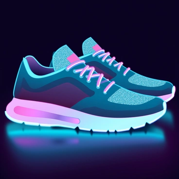 A pair of sporty sneakers designed with a sleek, futuristic aesthetic. The shoes have a shiny, breathable fabric in neon colors, featuring dynamic patterns. Each sole is equipped with LED lights that illuminate in vibrant hues, glowing with each step taken. The sneakers have a cushioned insole for comfort and a reinforced heel for support. They are positioned on a dark surface to emphasize the bright glow of the soles, creating a visually striking effect.