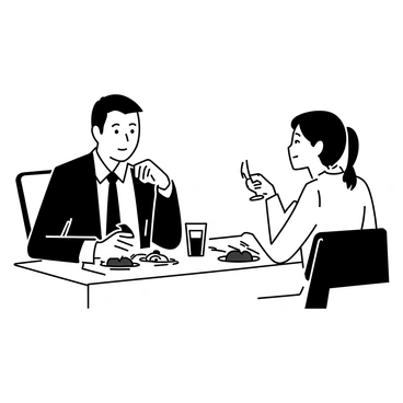 A businessman wearing a tailored suit is seated at a table in a restaurant. He has short, neatly styled hair and is focused on the conversation. Across from him sits a colleague, dressed in a professional blouse, who is engaging in the discussion. Both individuals have plates of food in front of them, along with glasses of water. The table is set with cutlery and a folded napkin. The background features subtle outlines of other diners and decor typical of an upscale restaurant setting.