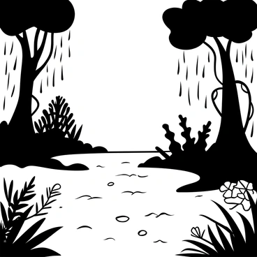 Rain falling in soft droplets upon the surface of the Congo River, creating small ripples. The river flows swiftly, with a lush rainforest lining its banks. Tall trees with broad, leafy canopies stretch upwards, while vines hang down, entwined around the trunks. A mist rises from the ground, merging with the rain to enhance the natural atmosphere. Various ferns and underbrush can be seen framing the river, completing the dense and vibrant jungle environment.