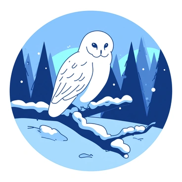 A white snowy owl is perched majestically on a frosted tree branch. The branch is covered in a layer of shimmering frost, glistening in the fading light. The owl's feathers are fluffy and pristine, blending with the snowy surroundings. In the background, tall trees stand silhouetted against the dusky sky, with hints of blue visible as the day transitions to night. Soft, powdery snow blankets the ground, completing the winter forest scene.