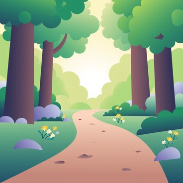 A winding path leading through a forest toward a distant light