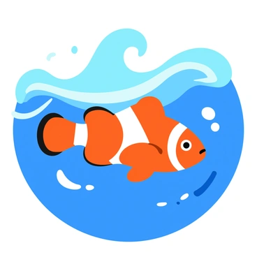 A vibrant clownfish with orange and white stripes swims through turbulent waters. The clownfish is depicted with its fins spread wide, showcasing its agility. Dramatic waves crash above, creating a frothy spray that catches the light. The background features varying shades of blue to illustrate the depth of the ocean, while sunlight filters through the water, casting shimmering patterns around the fish.