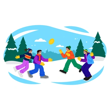 A group of four friends bundled up in colorful winter clothes is playing frisbee in a snowy landscape. One friend with a red scarf and blue jacket is poised to throw the frisbee, while another friend wearing a green hat and yellow gloves is running to catch it. The snow-covered ground sparkles in the sunlight, and fluffy snowflakes are gently falling from the sky. In the background, tall evergreen trees are dusted with white snow, creating a picturesque winter scene. The friends are smiling and laughing, enjoying their time together in the beautiful snowy environment.
