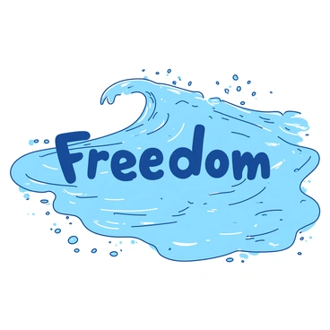 A wave of clear water fills the image, with letters spelling "Freedom" swirling within it, each letter buoyantly floating in the tide. The wave is cresting, about to crash onto a sandy shore that is dotted with small pebbles. The water is splashing, creating droplets that shimmer in the light as they are thrown into the air by the force of the wave. The shoreline is gently curved, and the sand is a light color, contrasting with the blue of the water.
