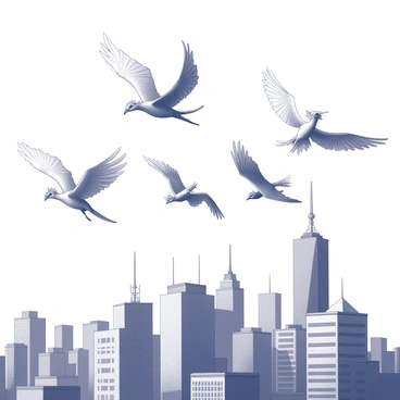 A group of fantastical creatures is soaring through the sky. The creatures have elaborate wings, with intricate patterns and textures. Each creature has a distinct shape and size, some resembling birds while others have more mythical features. Below them, a vibrant city unfolds with tall buildings, some with curved designs and others with sharp angles. The skyline is dotted with antennas and rooftops, creating a dynamic architectural landscape. The scene conveys movement as the creatures glide gracefully above the urban setting.