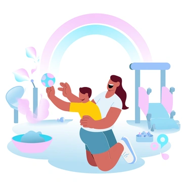 A mother is kneeling on the ground, laughing as she plays with her child. The child is wearing a bright yellow shirt and is joyfully reaching for a colorful ball. The playground around them features vibrant slides, swings, and climbing structures in various pastel colors. Nearby, a sandbox is filled with toys, and there are flower beds with colorful blooms in the background. A large rainbow is arched across the sky above them, adding to the cheerful atmosphere.