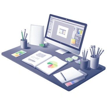 A workspace filled with various artistic tools and materials. On the desk, there are traditional items like pencils, markers, and brushes neatly arranged alongside digital tools such as a tablet and stylus. A sketchbook lies open, displaying preliminary drawings, while a computer screen shows an open design program with a vibrant image being created. The environment reflects a blend of organized chaos, with papers scattered and color swatches visible, creating a dynamic atmosphere of creativity and productivity.