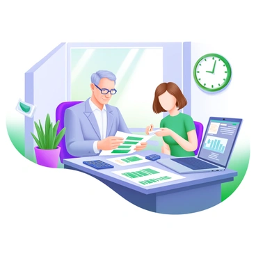 A modern pastel illustration depicting a financial advisor sitting at an office desk. The advisor, a middle-aged man with glasses, is reviewing documents with a focused expression. Across from him, a client, a young woman with short brown hair, is attentively listening and taking notes. The desk is cluttered with various financial documents, a calculator, and a laptop displaying a tax filing software interface. A potted plant is positioned on the side of the desk, and a wall clock shows the time. Sunlight is streaming through a window, casting soft shadows on the scene.