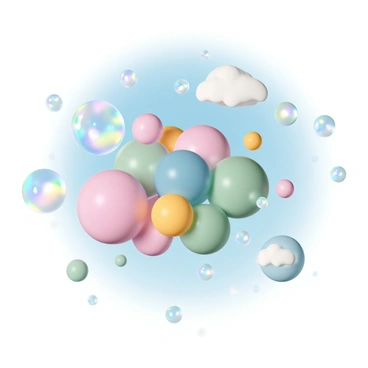 Bright, iridescent soap bubbles floating in the air against a blue sky