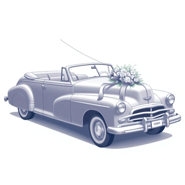 A wedding car decorated with a large, flowing bow on its hood