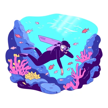 A diver in a wetsuit is swimming through a colorful coral reef filled with intricate coral formations. The diver has a clear mask and fins, and is surrounded by a variety of tropical fish in different sizes and colors. Brightly colored coral structures are visible in the background, while schools of small fish swim together in a fluid motion nearby. Sunlight filters down through the water, illuminating the scene with a soft glow.