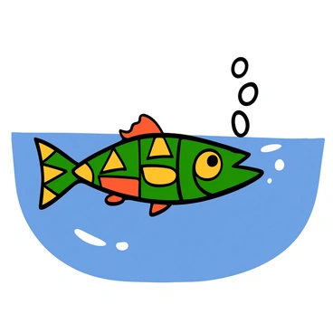 A pike fish with a long, slender body and sharp teeth is swimming in a clear blue water. The fish is illustrated using a variety of geometric patterns including triangles, squares, and circles in vibrant colors such as bright green, yellow, and orange. The patterns cover the fish's scales, creating a striking visual effect. Bubbles are emerging from the fish's mouth, adding to the underwater scene, while light reflections can be seen creating a shimmering effect on the water surface.