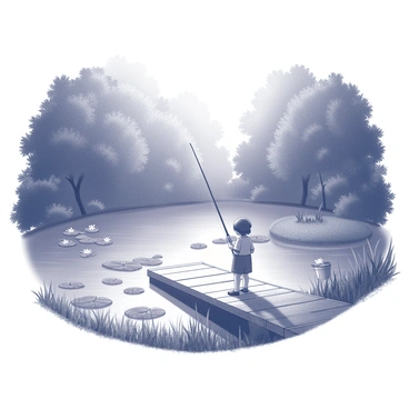 A tranquil forest pond surrounded by dense trees, creating a natural frame. The water's surface is dotted with "lily pads" that float gently, some with small white flowers blooming on them. A "wooden dock" extends over the water, with weathered planks and a few scattered reeds along the edges. A "child" stands at the edge of the dock, holding a fishing rod with focused attention, wearing a simple outfit. The child’s hair is pulled back, and a small bucket rests at their feet, ready for any catches. The scene is calm and immersive, typical of a serene day in the woods.
