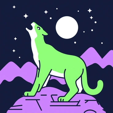 A puma stands on a rocky ledge, with its head raised and mouth open in a howl. The full moon illuminates the scene, casting a bright light on the puma's fur. The night sky above is filled with stars, twinkling brightly against a dark backdrop. The silhouette of the surrounding mountains is visible, creating a dramatic contrast with the moonlight. The puma's eyes glimmer as it calls out into the night.