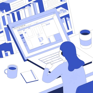 A laptop is open on a desk, displaying a user interface of a nationwide illustration software. The screen shows various tools such as brushes, shapes, and a color palette. A person is sitting in front of the laptop, with a notepad and pen beside them, taking notes. The person appears focused, with their eyes directed at the screen. A light source is illuminating the workspace, creating soft shadows on the desk. In the background, there are bookshelves filled with art books and reference materials. A coffee mug is placed nearby, adding to the atmosphere of study and creativity.