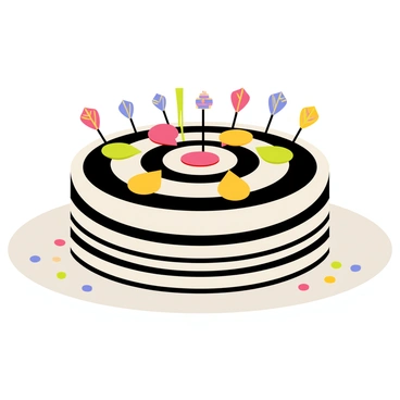 A birthday cake designed to resemble a dartboard. The cake is round and layered, featuring a black and white striped pattern to mimic the dartboard's segments. Colorful icing creates the different scoring areas, with vivid reds, greens, and yellows. Around the cake, there are tiny edible darts made from colored fondant, each featuring a detailed design on the tips and fins. The cake is placed on a simple, elegant white plate, with a few scattered confetti pieces around it to enhance the festive atmosphere.