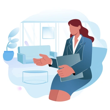 A woman dressed in a tailored navy blazer and matching pencil skirt is sitting in a modern office lobby. She has neatly arranged hair and is holding a leather portfolio on her lap. The lobby features minimalist furniture with a glass coffee table and decorative plants. Large windows allow natural light to illuminate the space, and a subtle abstract art piece is on the wall behind her. She is glancing at her watch, surrounded by muted pastel colors that create a calm atmosphere.