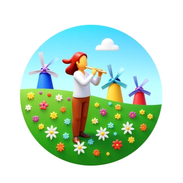 A musician in a white shirt and brown trousers is playing a flute. The musician stands in a green field filled with vibrant, colorful flowers. Surrounding the musician are several small windmills that spin in the gentle breeze. Each windmill is brightly painted in various colors, contrasting with the blue sky above. The musician's hair flows lightly in the wind as they focus on their music, creating a serene atmosphere in the idyllic landscape.