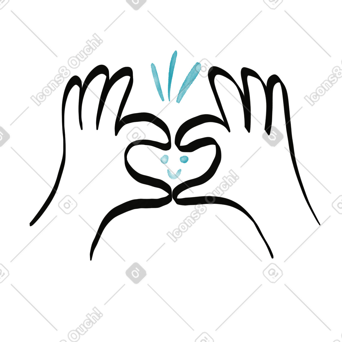 Hands forming heart shape with cute smiling face inside center illustrazione in stile Watercolor sketch scarica in PNG, SVG