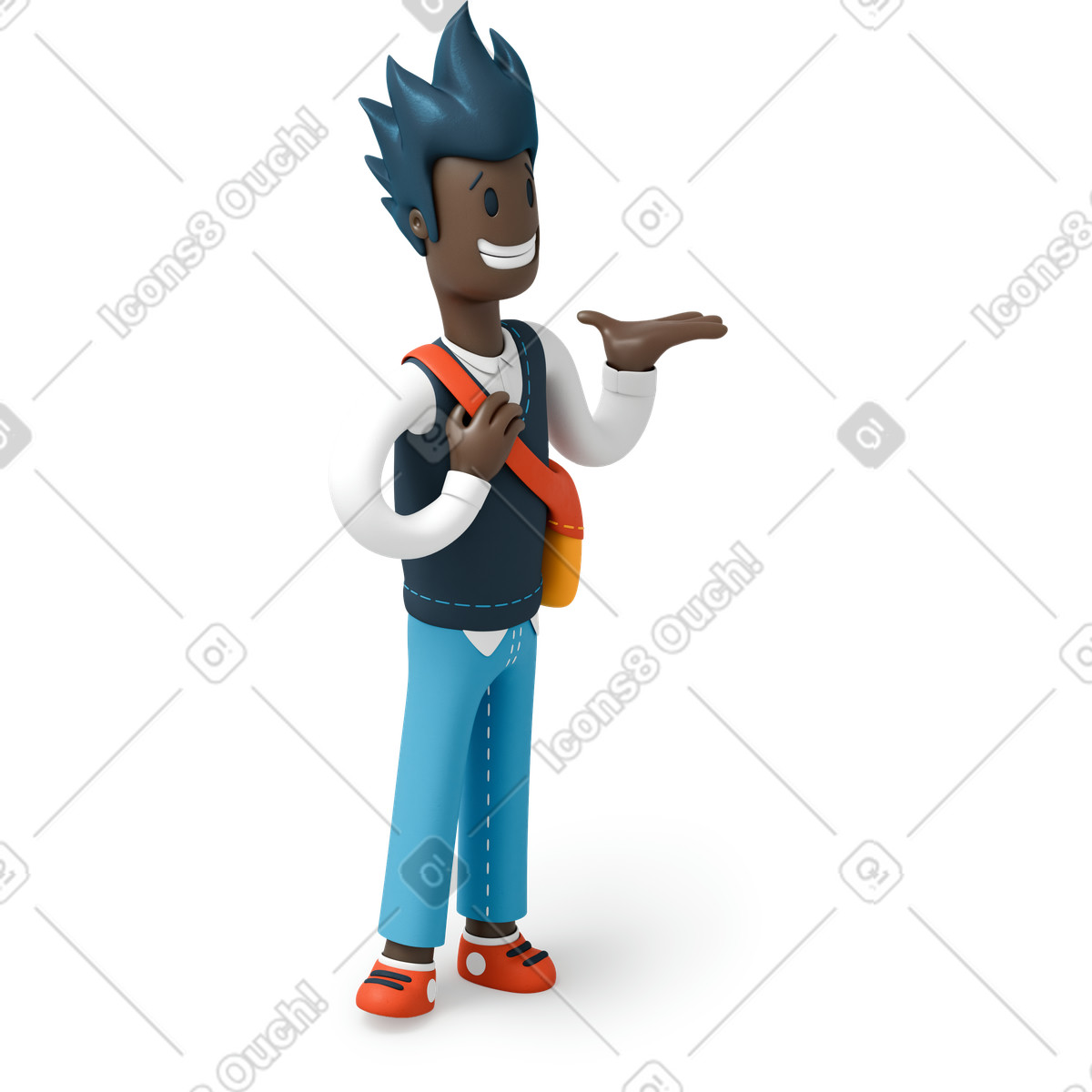Blauhaariger mann mit erhobener hand-Illustration im 3D Flame-Stil als Download in PNG, SVG