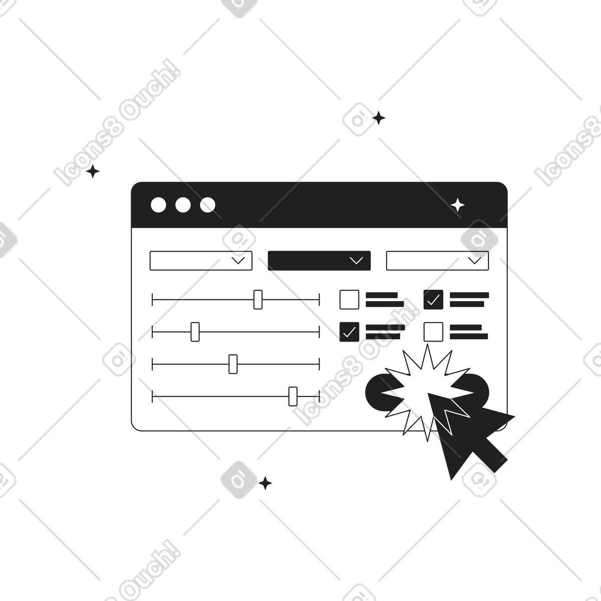 Illustration Fenêtre de navigateur avec choix multiple paramètres site web dans le style Tokyo à télécharger aux formats PNG, SVG