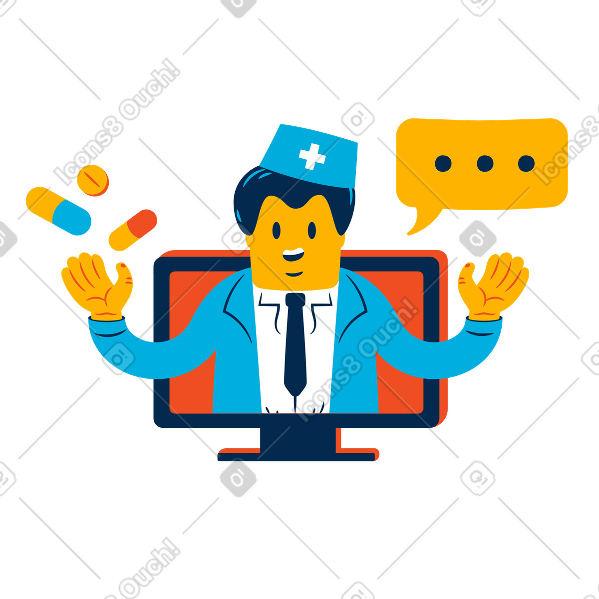 Illustration Un médecin parle de la médecine en ligne dans le style Flame à télécharger aux formats PNG, SVG
