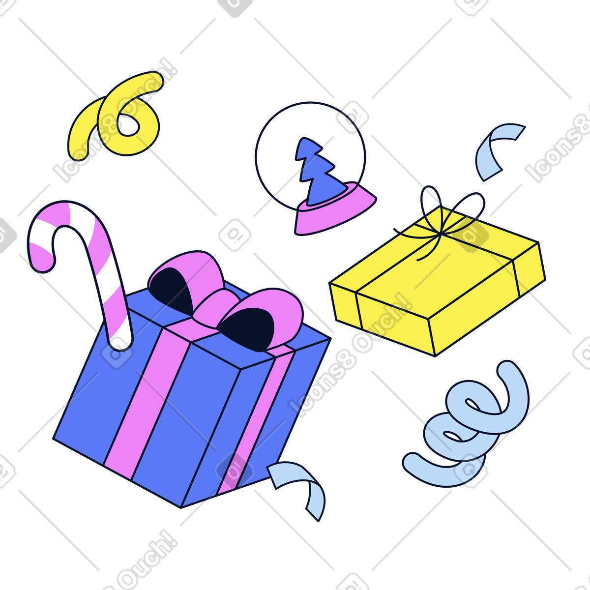 Flexy 스타일의 Wrapped gift boxes and snow globe, exchange Christmas mood 일러스트레이션 PNG, SVG 다운로드