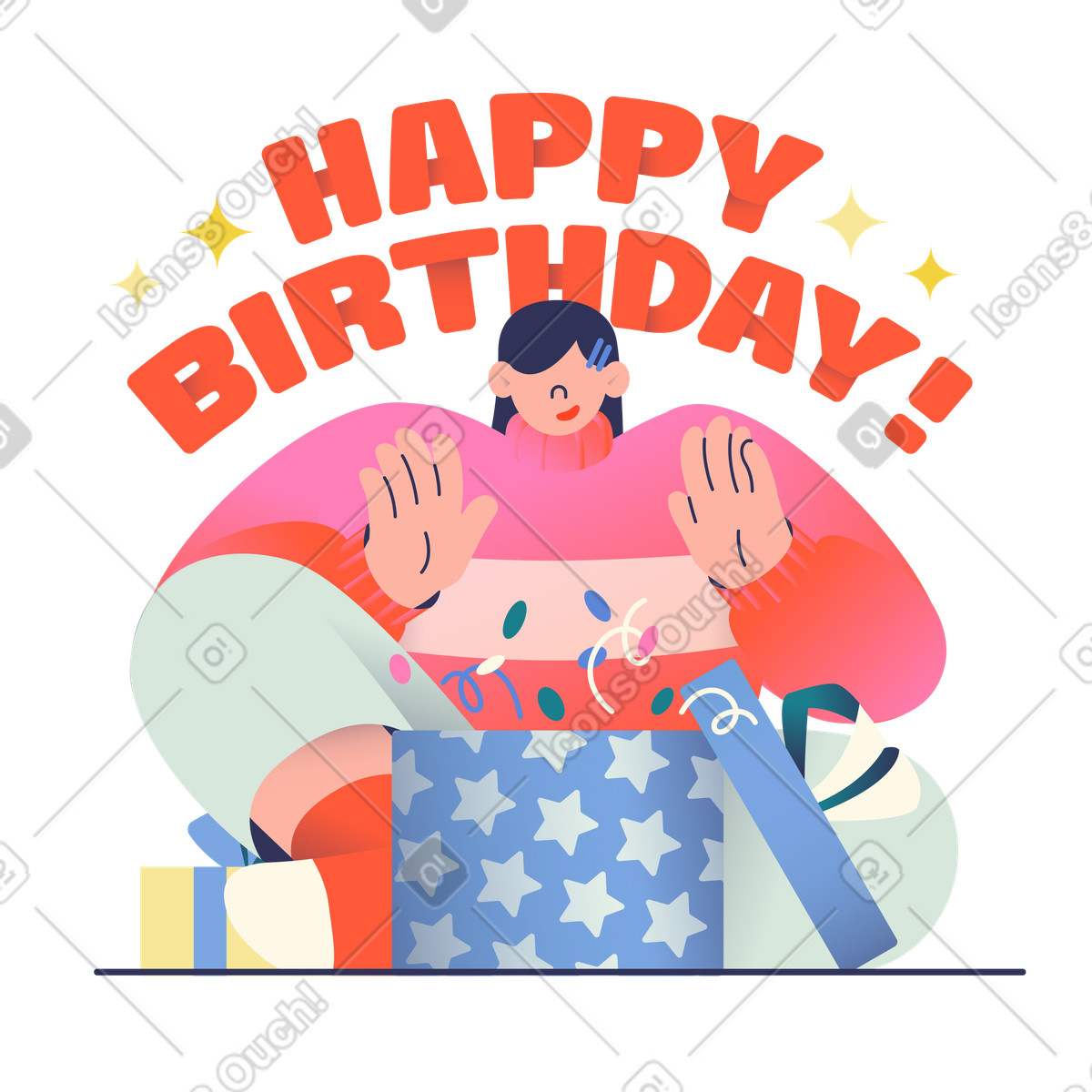 Lettering happy birthday con testo ragazza e regali illustrazione in stile Beam scarica in PNG, SVG