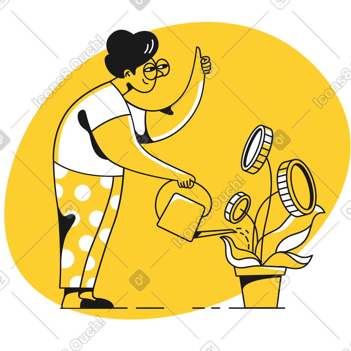 Old lady watering a plant with money illustration in Taxi style download in PNG, SVG
