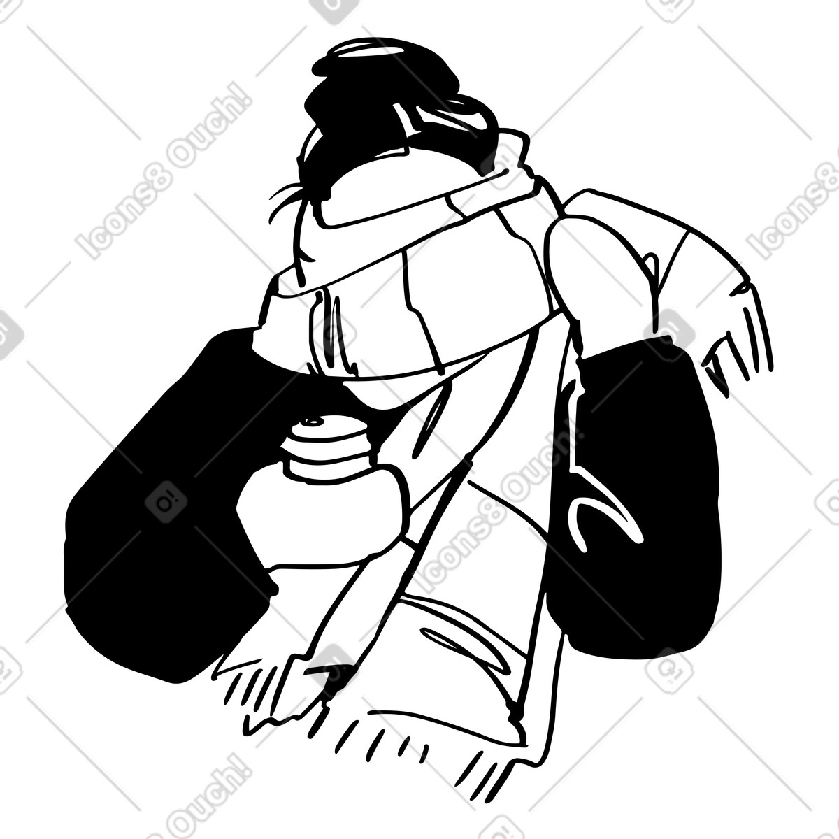 下载 Line 风格的 穿着暖和衣服的年轻女子拿着一杯咖啡 插画，支持 PNG、SVG 格式