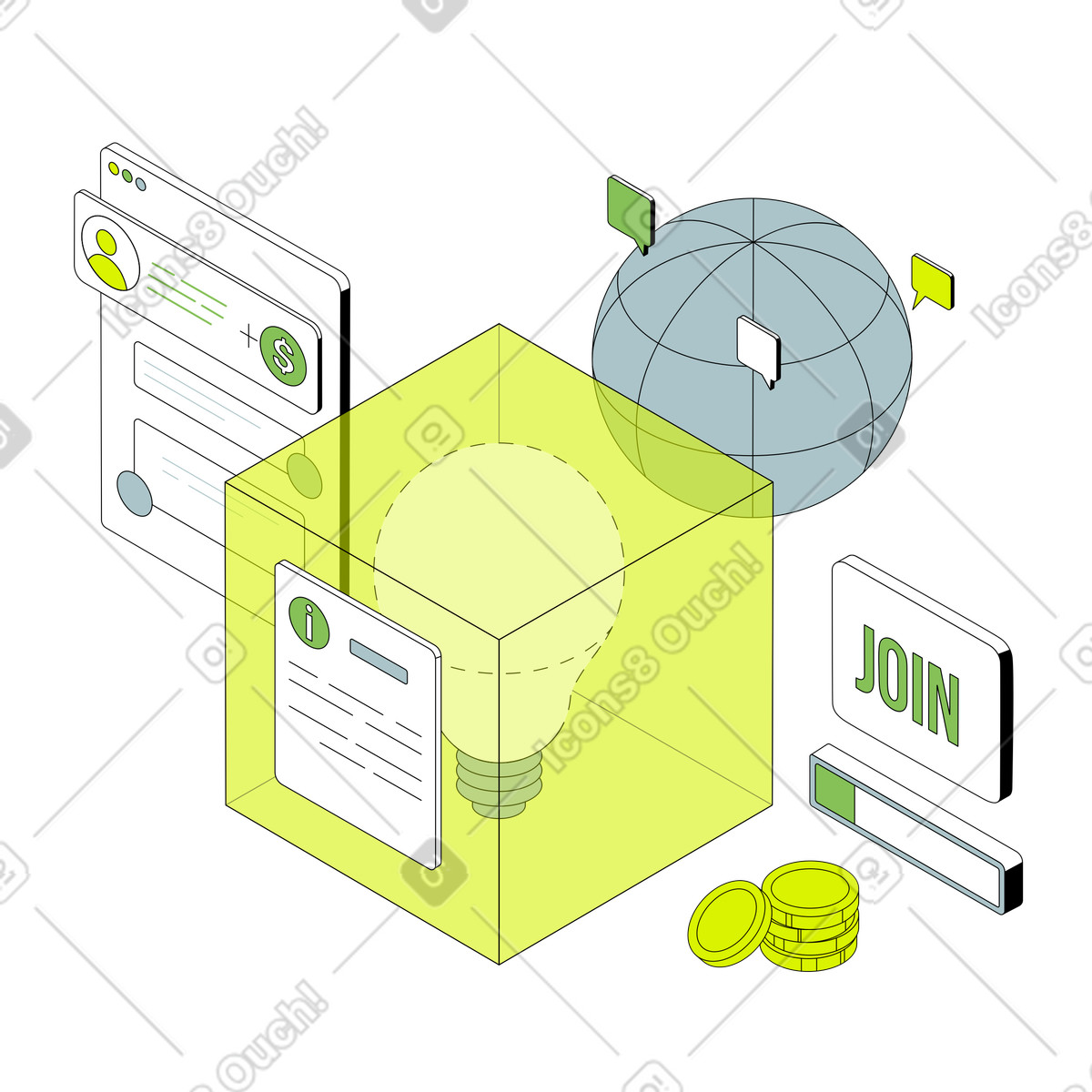 Crowdfunding for innovative startup illustration in Isometric style download in PNG, SVG