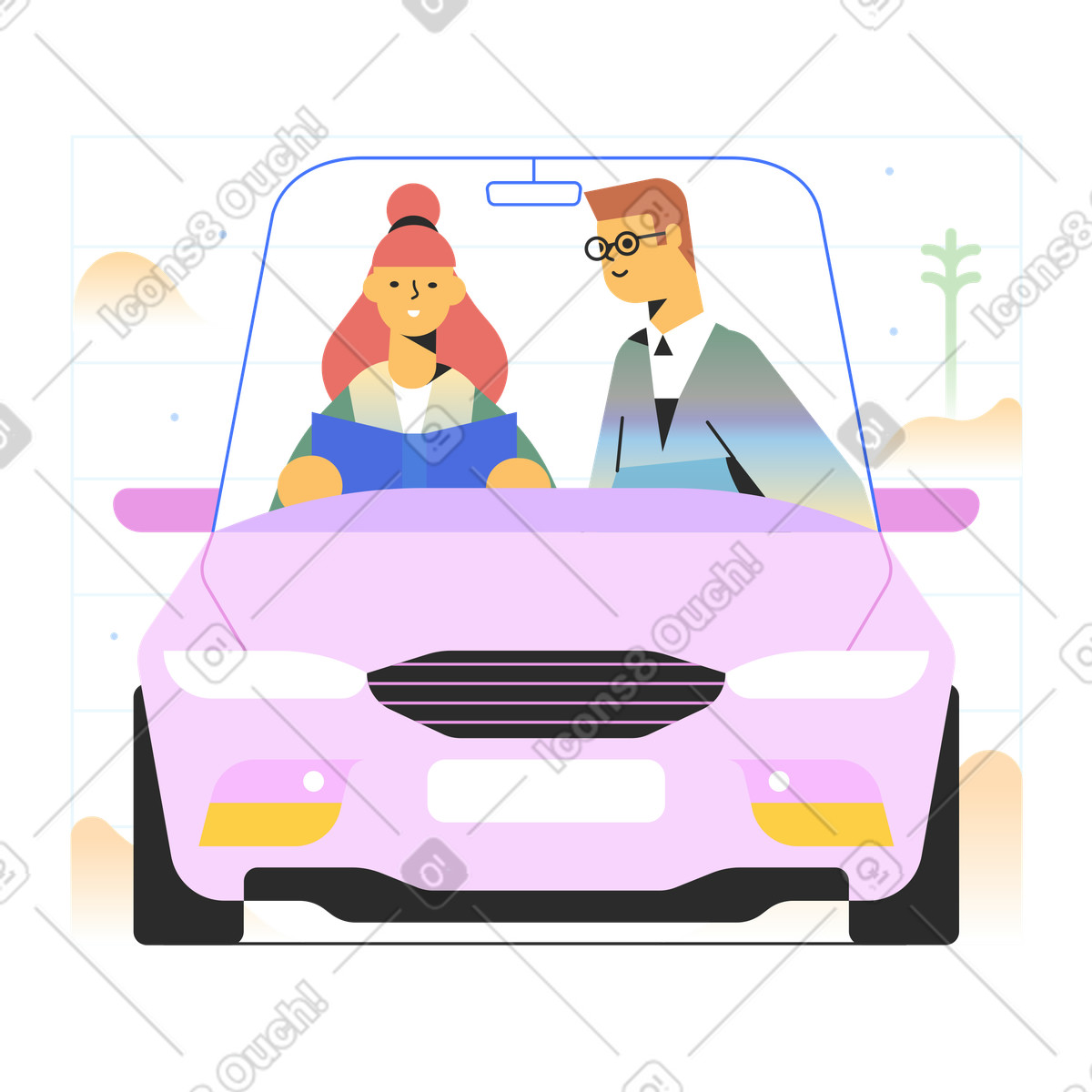 Uomo e donna in un'auto a guida autonoma illustrazione stile Marginalia scarica PNG, SVG