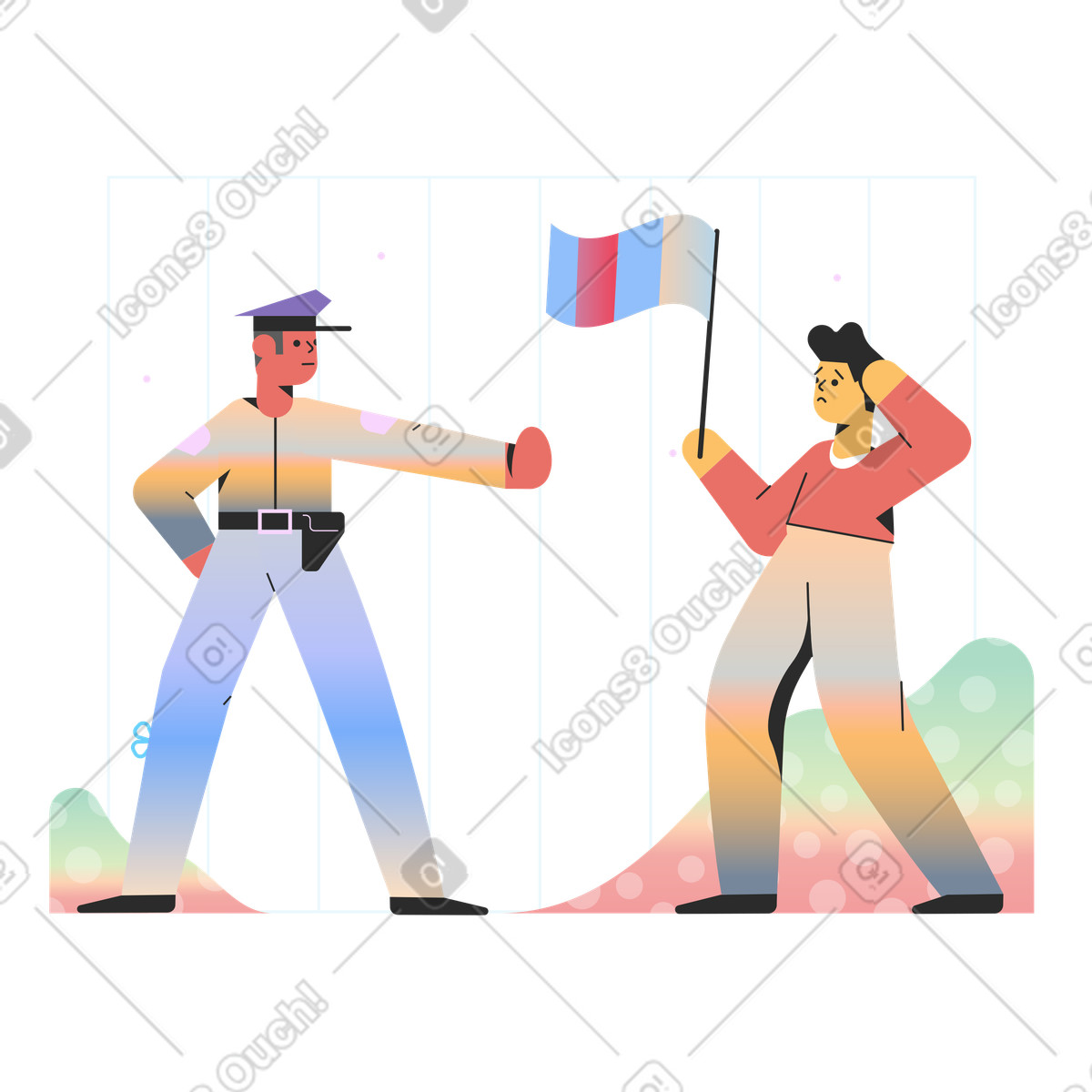 Ilustração de Policial parando um homem protestando com bandeira em no estilo Marginalia para baixar em PNG, SVG