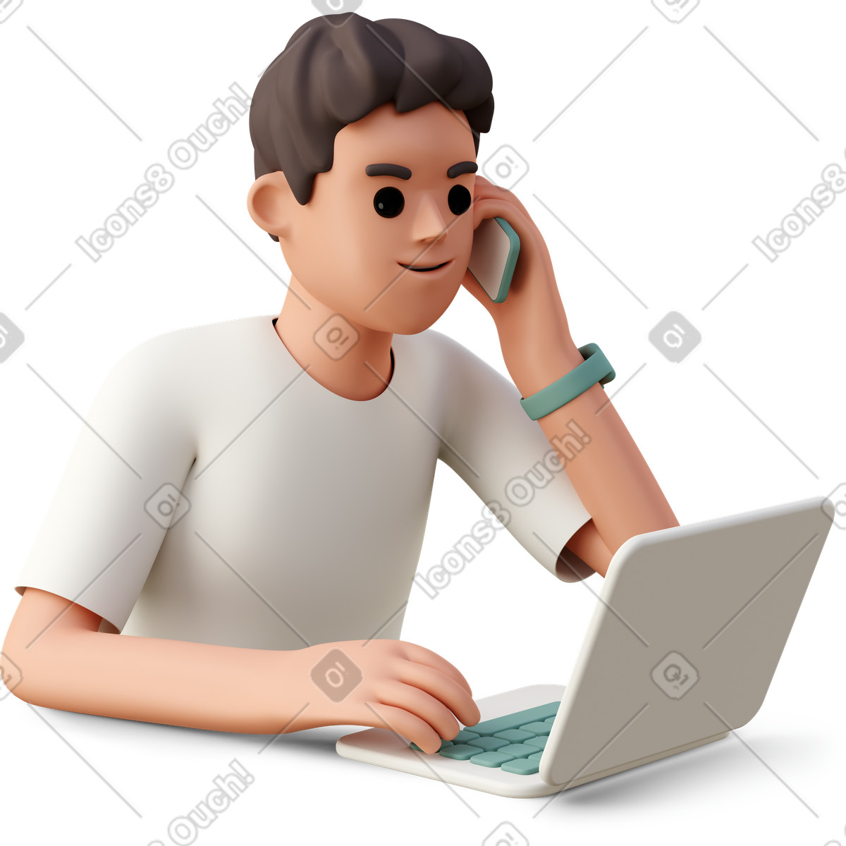 Using laptop and phone, multitasking remote work illustration in 3D Casual life style download in PNG, SVG