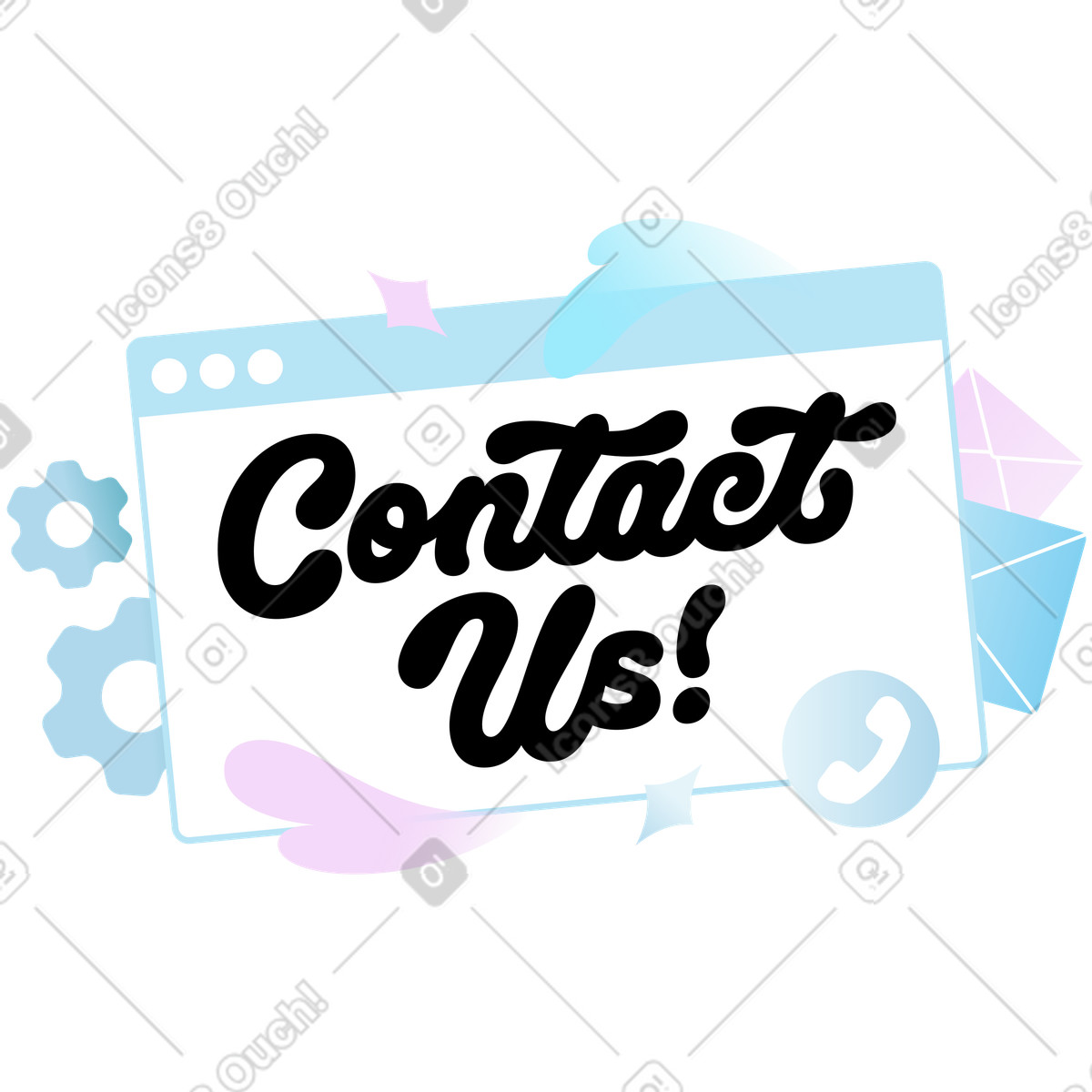 Contact us lettering on browser window, Customer support communication illustration in Airy style download in PNG, SVG